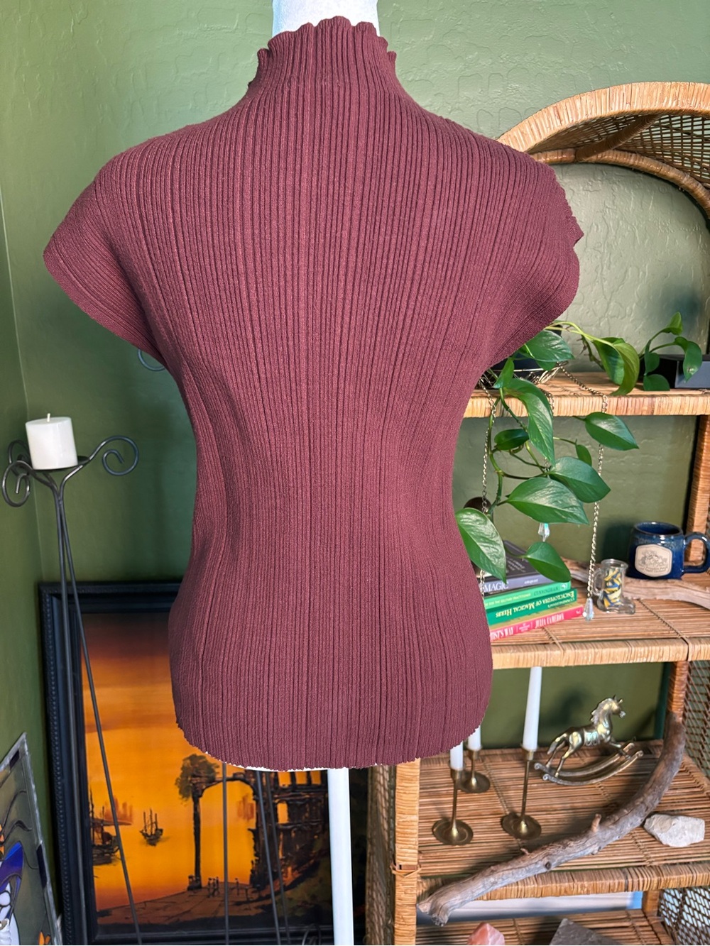 Ribbed Mock Neck Cap Sleeve Top Knit Brown Lettuce Hem - Picture 4 of 5